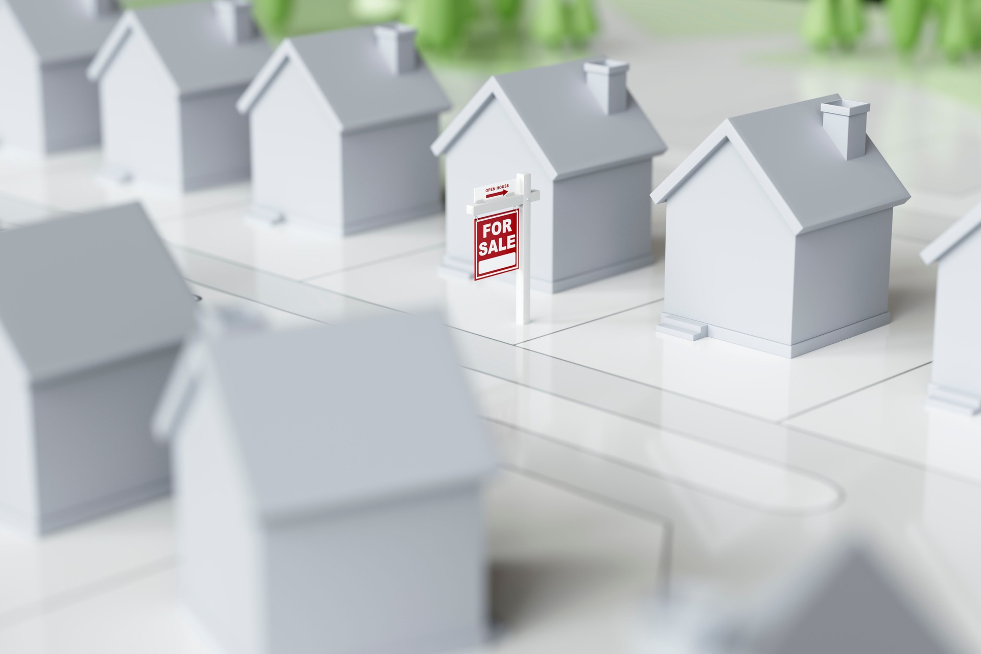 3D Model of Neighborhood With Real Estate For Sale Sign