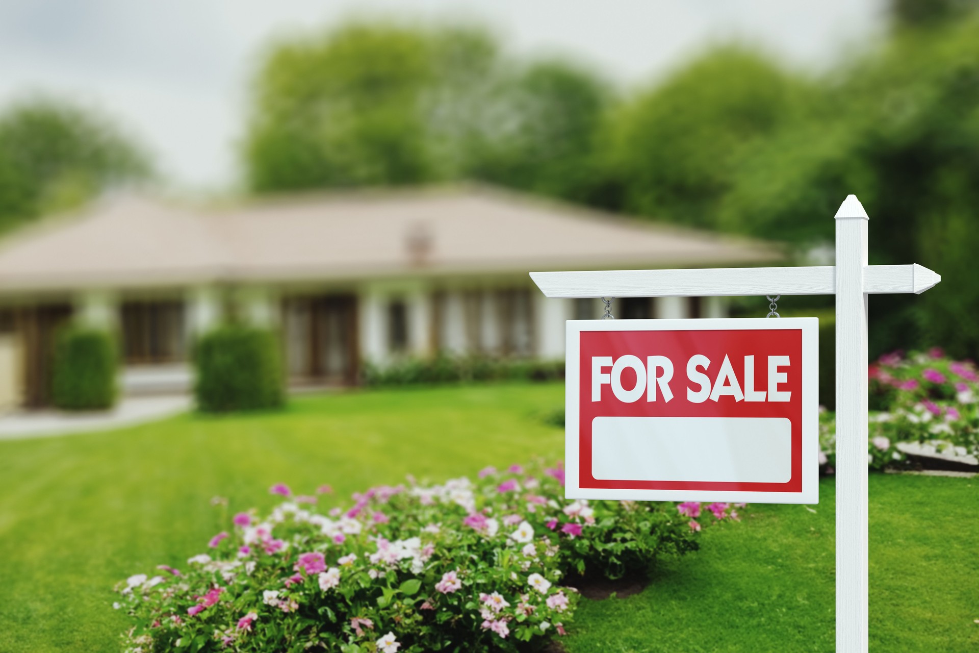 Real Estate Sign in Front of a House with a Garden for Sale